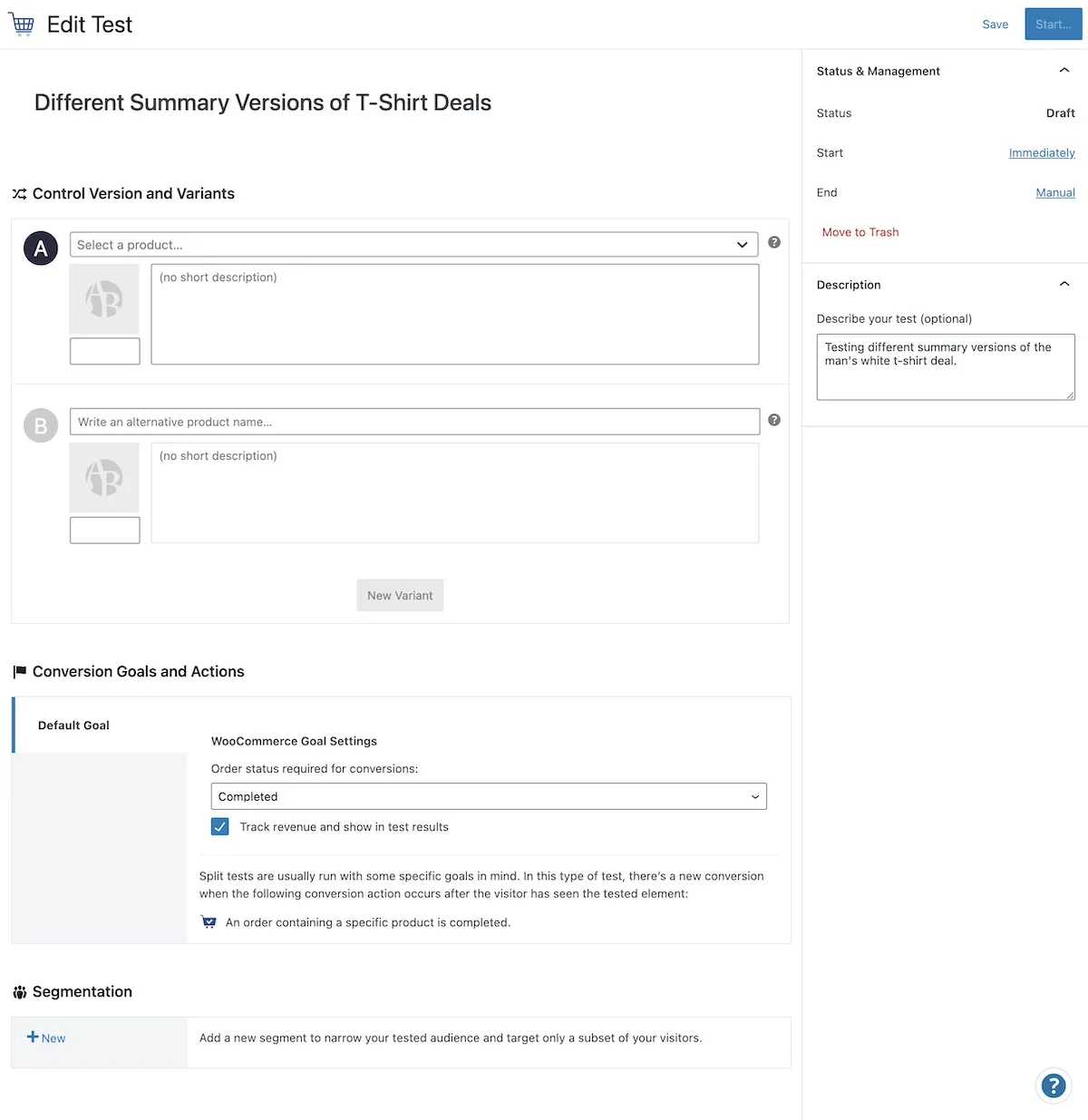 Определение A/B-тестирования сводки продуктов woo-commerce с помощью Nelio A/B Testing