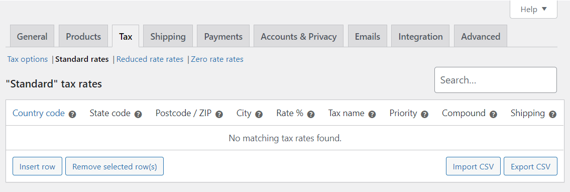 Configurando taxas de imposto padrão no WooCommerce.