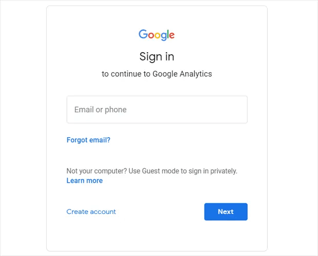 Войдите в GA, используя учетную запись Google