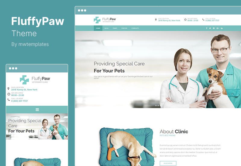 FluffyPaw Theme - Tema de WordPress para clínica veterinaria y centro de cuidado de mascotas.