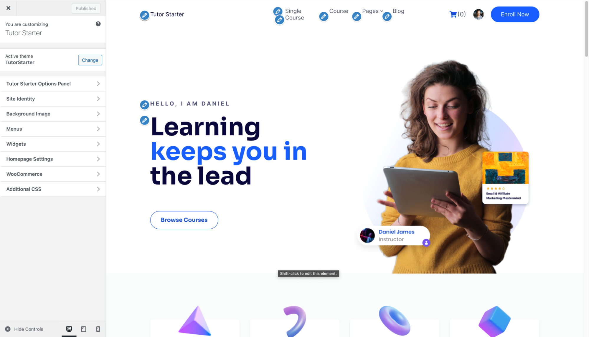 Vue du site de démonstration Tutor Starter