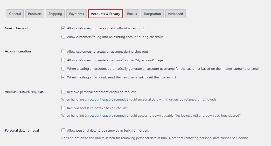 Account WooCommerce e Privacy