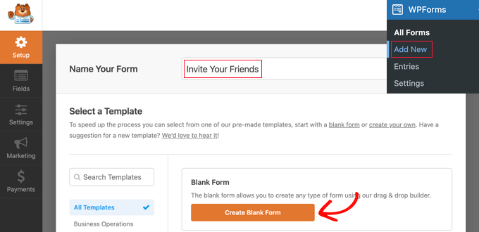 Aggiungi un nuovo modulo vuoto in WPForms Add a New Blank Form in WPForms