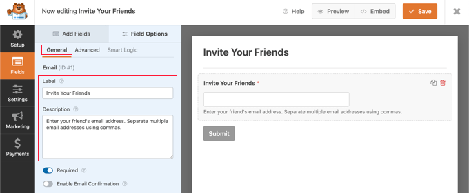 Configura il campo e-mail Configure the Email Field