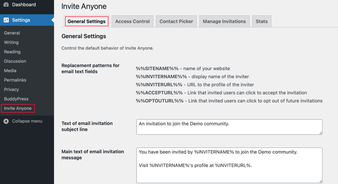 Invita chiunque Plugin Impostazioni generali Invite Anyone Plugin General Settings