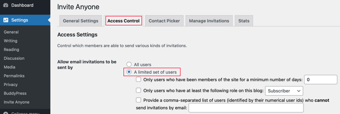Invita chiunque Plugin Controllo dell'accesso Invite Anyone Plugin Access Control