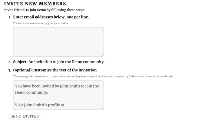 La pagina Invita nuovi membri The Invite New Members Page