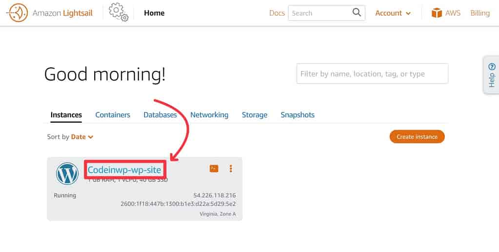 Apri il dashboard dell'istanza per gestire il tuo hosting AWS WordPress