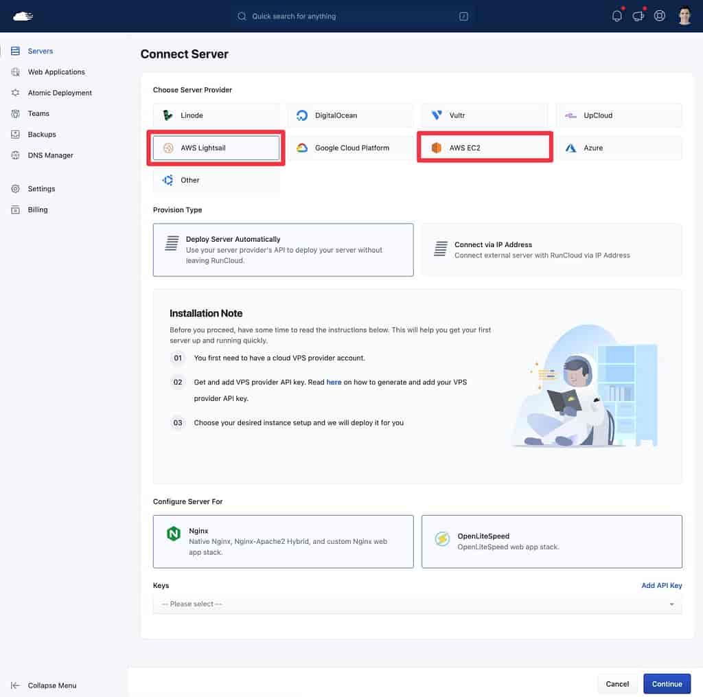 Esegui il provisioning di un nuovo server AWS in RunCloud