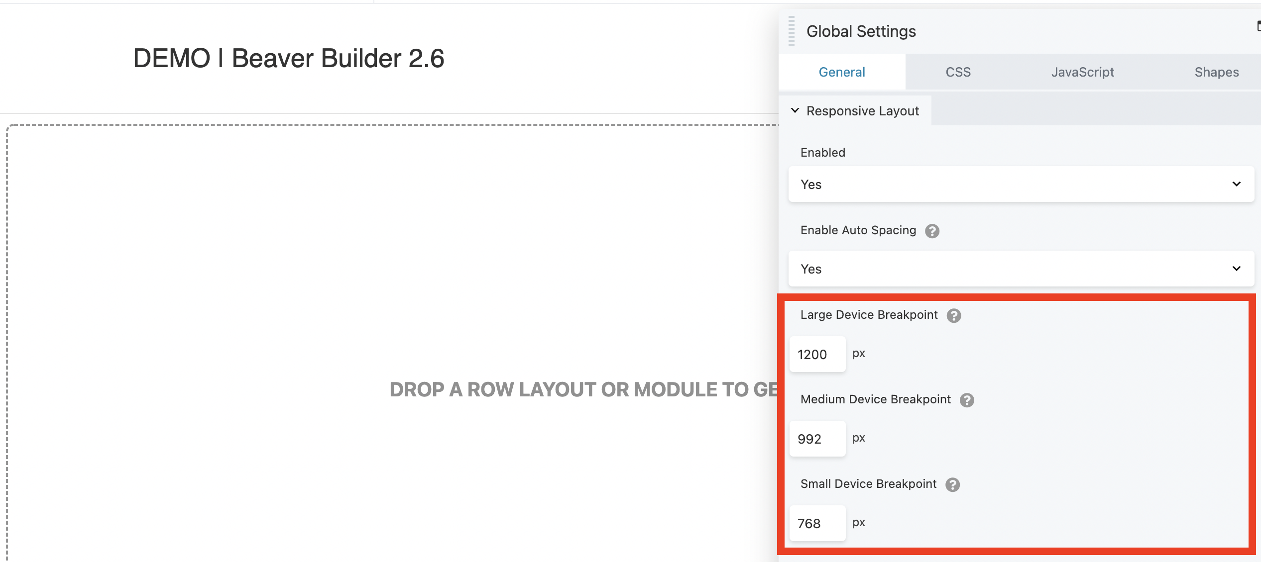 Точки останова Beaver Builder 2.6 в глобальных настройках