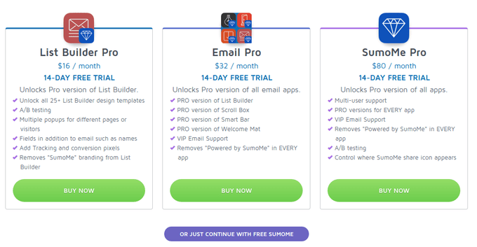 Plans SumoMe - Continuez avec SumoMe gratuit