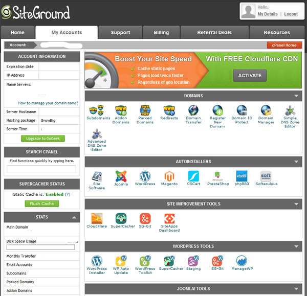 SiteGround User Interface