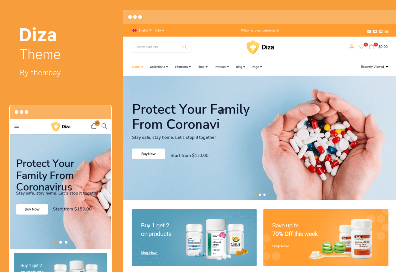 Tema Diza - Tema WooCommerce Elementor del negozio di farmacia