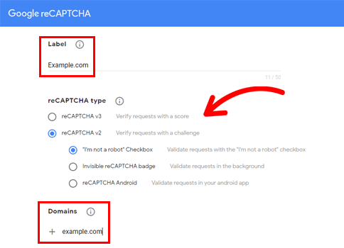 Geben Sie Label und reCaptcha ein