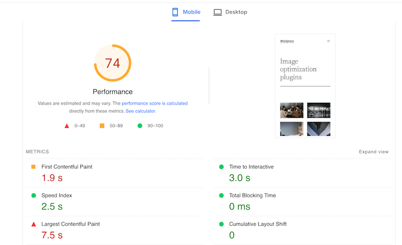 ตัวชี้วัดประสิทธิภาพที่ไม่มี Imagify - ที่มา: PageSpeed Insights