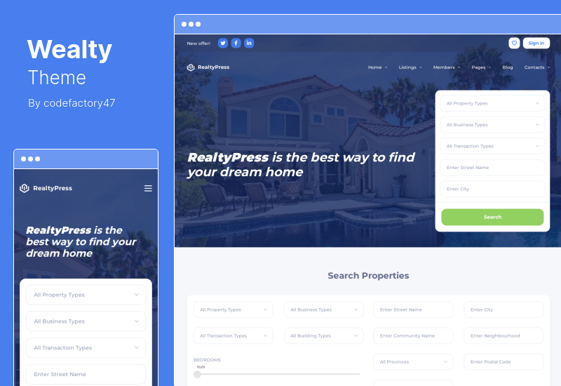 Wealty Theme - 다목적 부동산 WordPress 테마