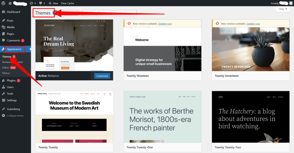 WordPress 테마 대시보드