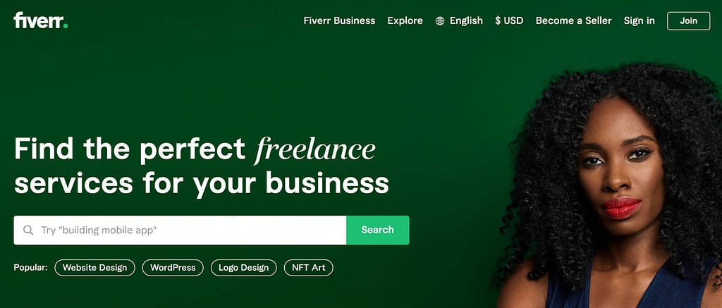 Como encontrar um trabalho remoto: página inicial do Fiverr