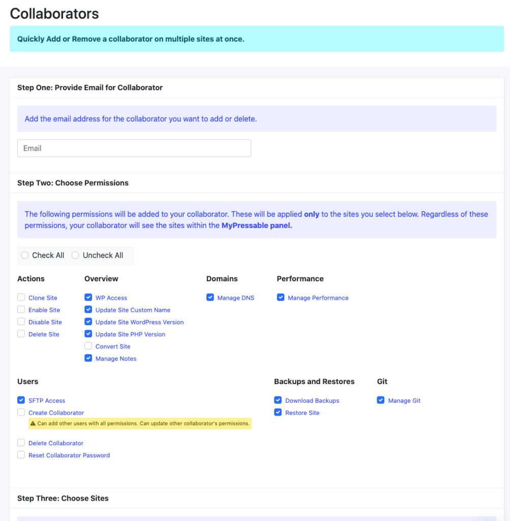 Menu de colaboradores no playground MyPressable, onde o proprietário do site pode adicionar e remover usuários