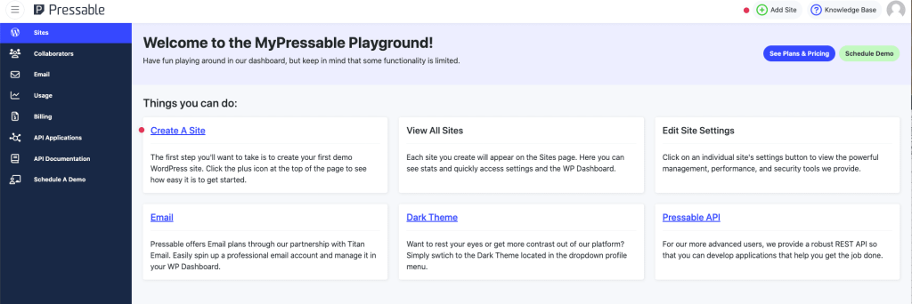 Opções do que você pode fazer no Menu Sites no painel MyPressable Playground