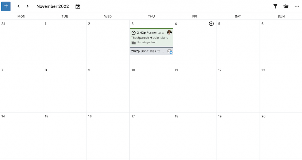 Calendário editorial mostrando a entrada e a mensagem agendada do Telegram