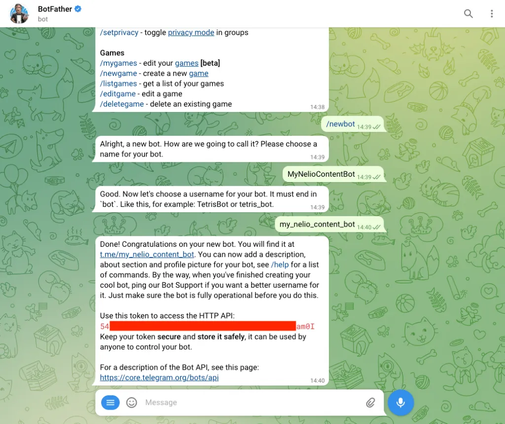 Comandos para criar o bot no Telegram.