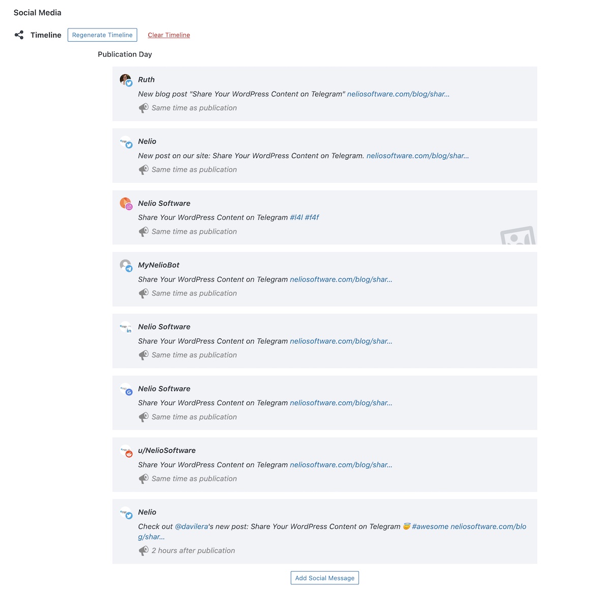 Linha do tempo de mensagens agendadas em diferentes redes sociais e Telegram