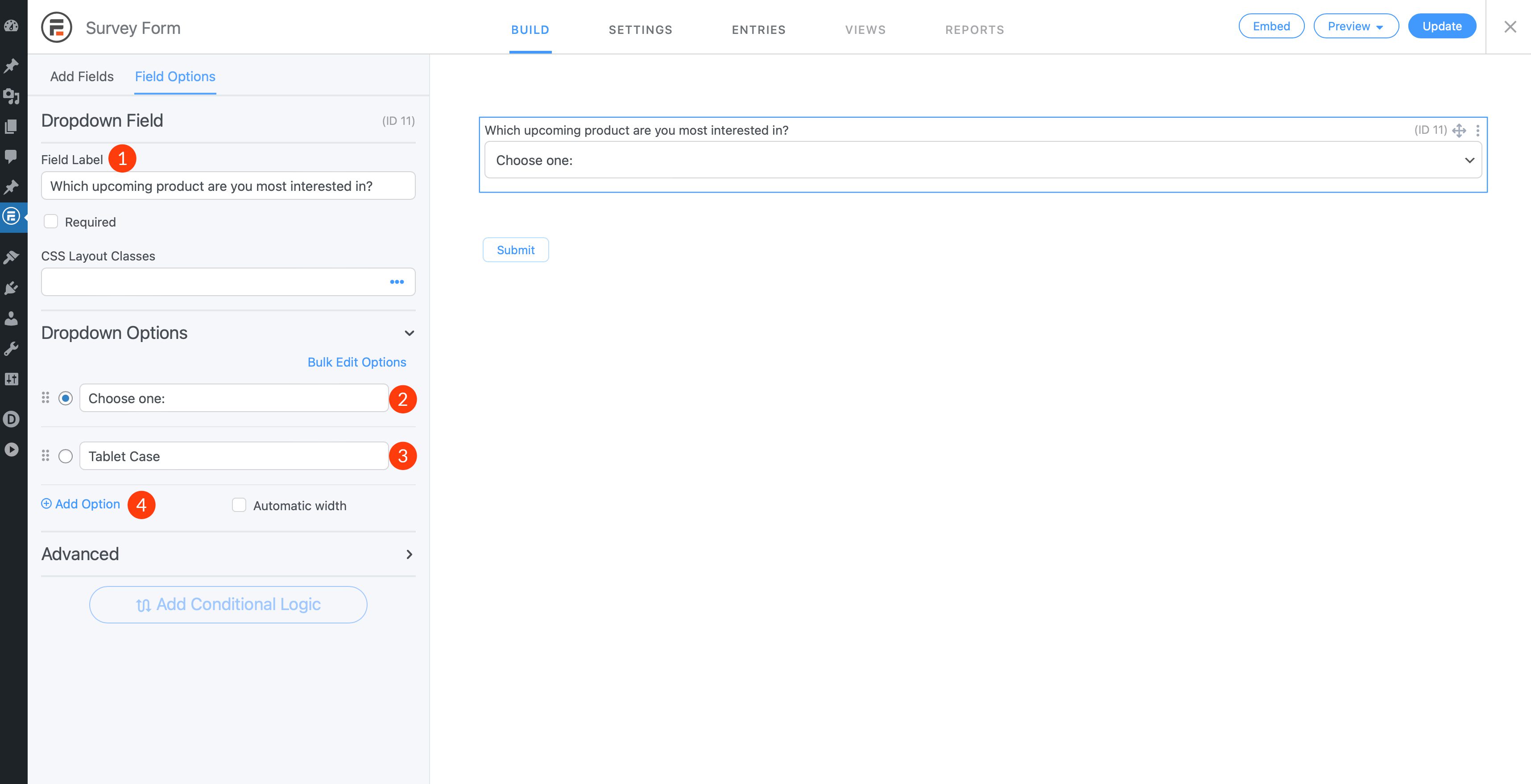 WordPress 調査フィールドのオプションを作成する