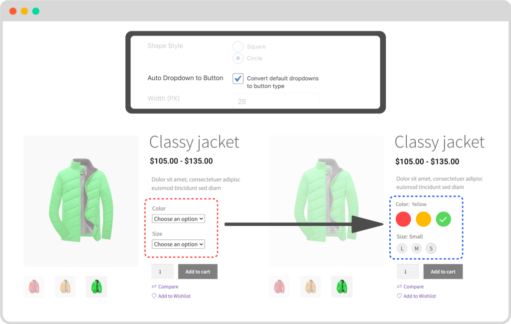 Suggerimenti e trucchi incredibili per aumentare le vendite di WooCommerce 5 Convert Dropdowns to Swatches