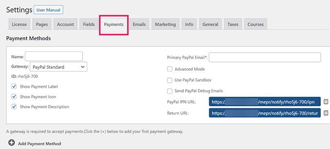 Aggiungi lo standard PayPal
