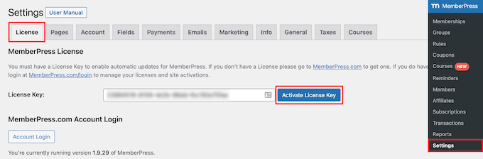 MemberPress chiave di licenza