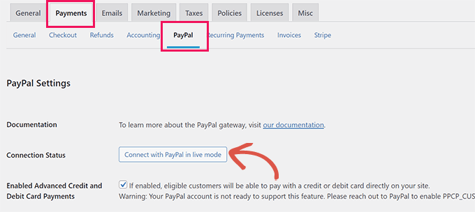 Collegati con il pulsante PayPal