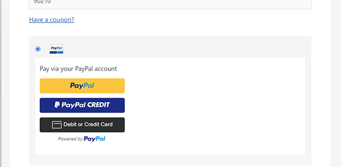 Anteprima di PayPal Commerce in MemberPress