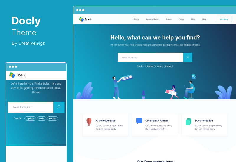 Docly 테마 - bbPress가 포함된 문서 및 기술 자료 WordPress Theme Helpdesk Forum