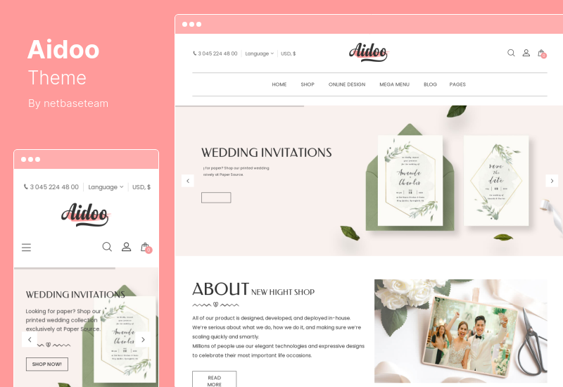 موضوع Aidoo - سمة WooCommerce لبطاقة الزفاف