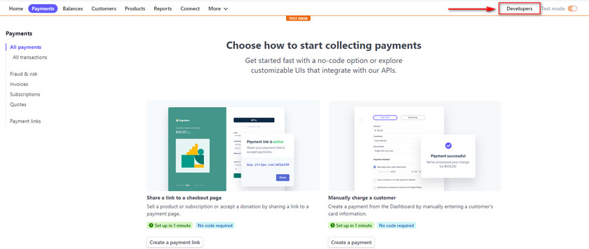 section développeurs dans Stripe