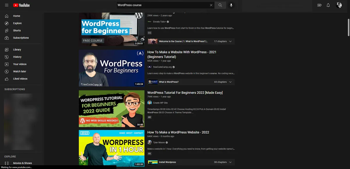 YouTube의 WordPress 코스