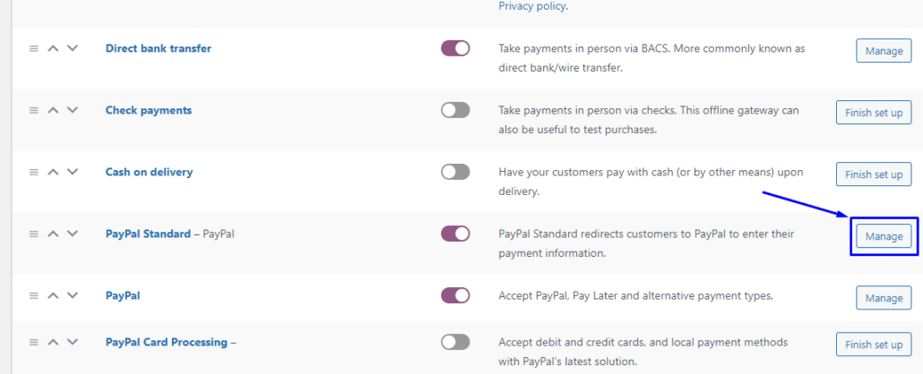 Kliknij Zarządzaj obok standardu PayPal