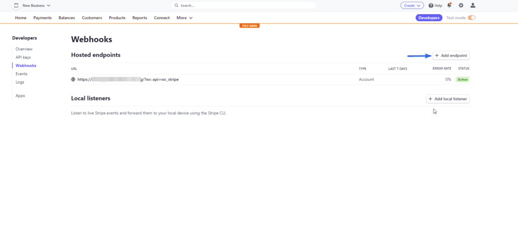 Kliknij Dodaj punkt końcowy - tryb testowy WooCommerce