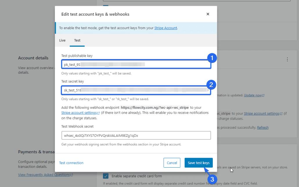 klawisze API trybu testowego woocommerce