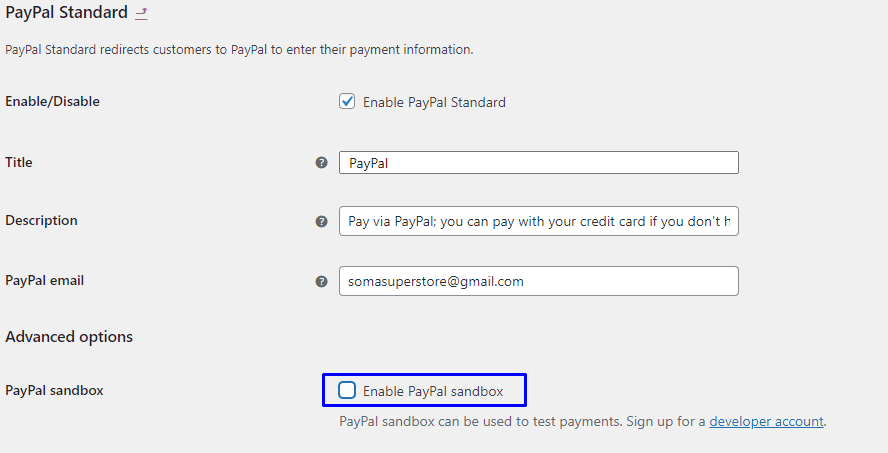 Odznacz opcję Włącz piaskownicę PayPal