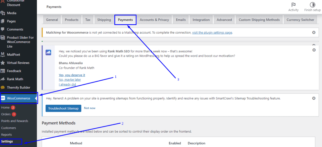 Kliknij zakładkę Płatności - Tryb testowy WooCommerce