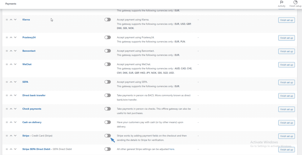 Kliknij kartę Płatności, aby skonfigurować tryb testowy dla woocommerce