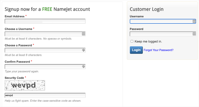 ลงทะเบียนบัญชี NameJet