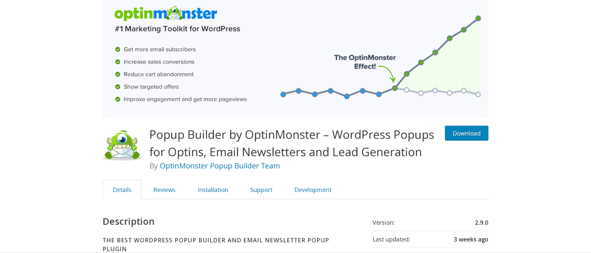 หน้าปลั๊กอิน OptinMonster ในที่เก็บ WordPress