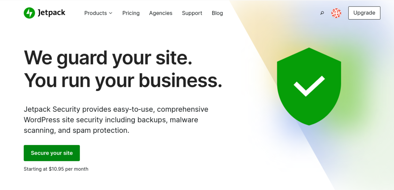 หน้า Landing Page ของ Jetpack Security พร้อมสโลแกน "เราปกป้องไซต์ของคุณ คุณดำเนินธุรกิจ"