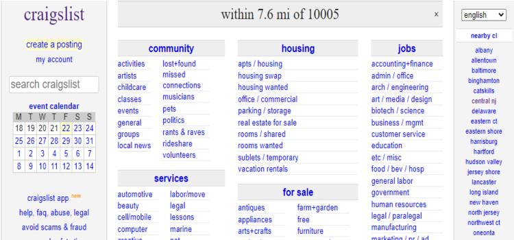 صفحة رئيسية لـ Craigslist.