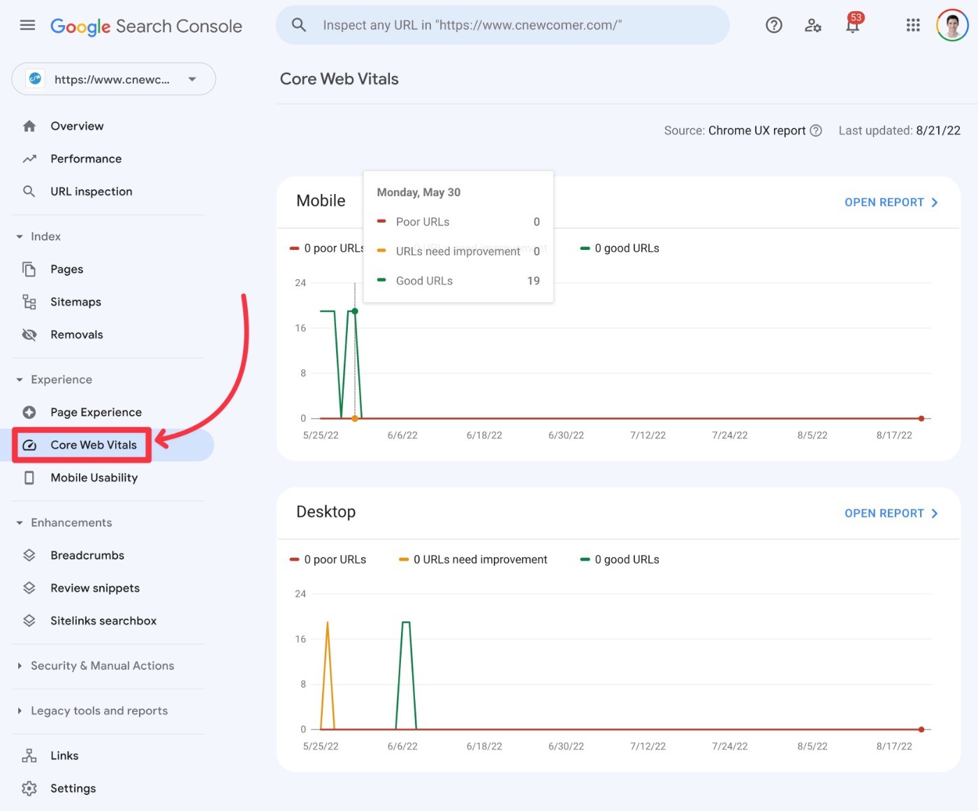 Отчет Core Web Vitals Search Console