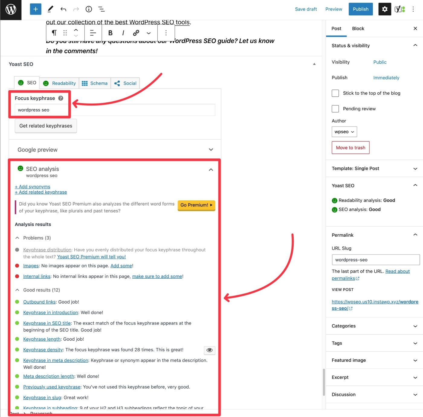 Установите ключевое слово focus в Yoast и оптимизируйте