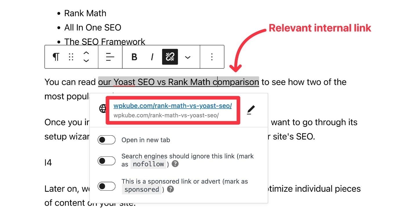 Включите релевантные внутренние ссылки, чтобы повысить SEO WordPress.
